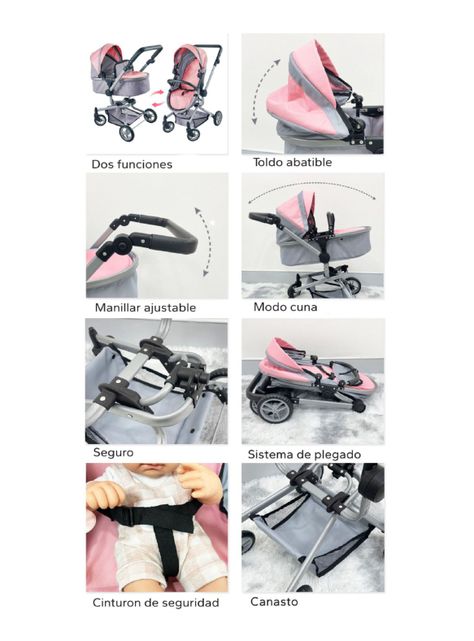 Coche Cuna Muñeca Rosado 2 en 1-5