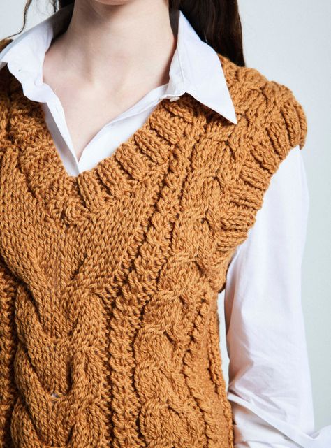 Sweater Cuello V Trenzado con Lana Hecho a Mano-4