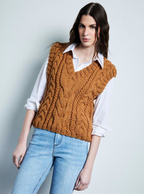 Sweater Cuello V Trenzado con Lana Hecho a Mano-1