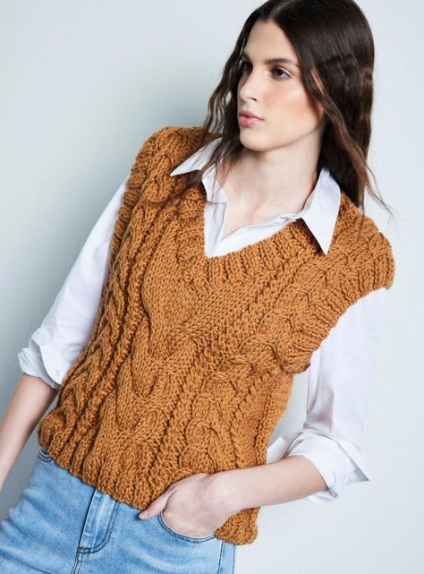 Sweater Cuello V Trenzado con Lana Hecho a Mano-3