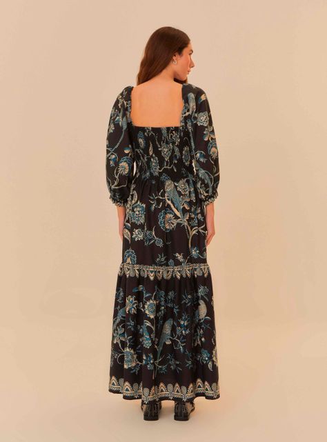 Vestido Largo Manga Abullonada con Flores-1