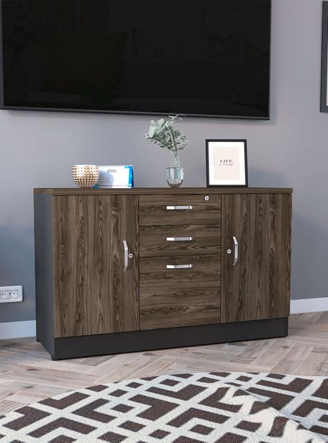 Gabinete 3 Cajones + 2 Puertas Home Office Negro Soft-Coñac-0