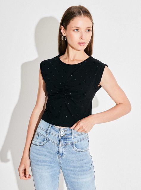 Polera Corta Recogido en Busto Strass al Tono-0