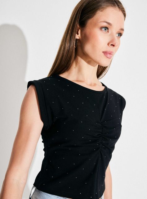 Polera Corta Recogido en Busto Strass al Tono-2