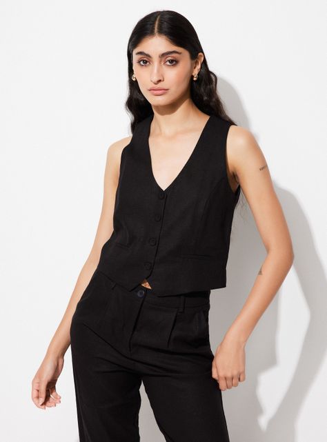 Blazer Vest con Lino y Botones Forrados-0