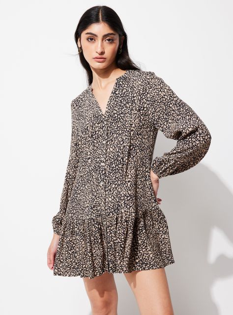 Vestido Abotonado con Corte Inferior y Estampado-0