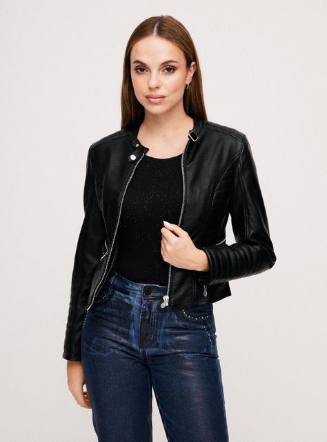 Chaqueta Biker Bolsillos con Cierre y Aplicaciones-0