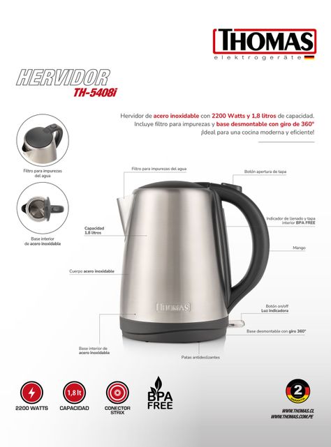 Hervidor 1.8 Litros Acero Inoxidable TH-5408i-7