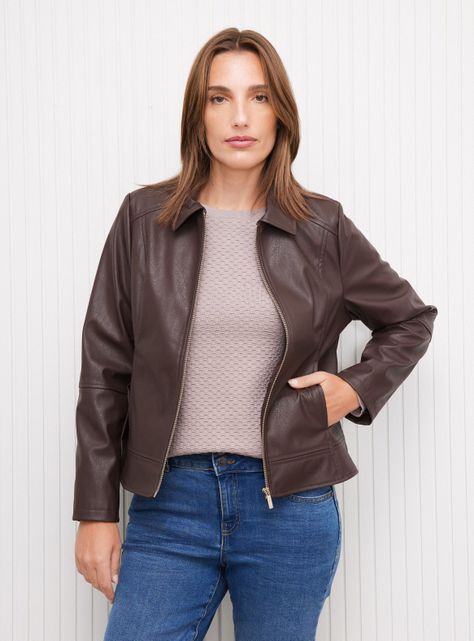 Chaqueta Efecto Cuero Cierre Frontal-0