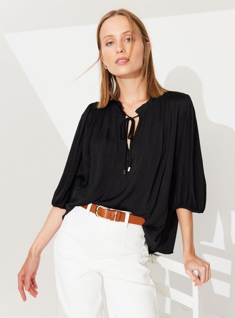 Blusa Satinada con Manga Abullonada-0