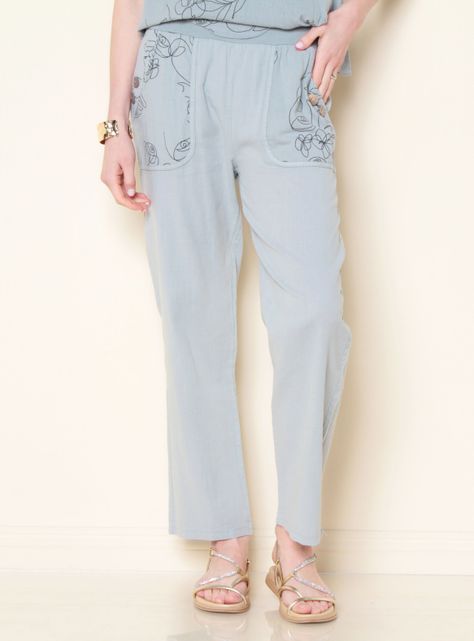 Pantalón Lino Sólido con Bolsillos Pretina con Elástico-0