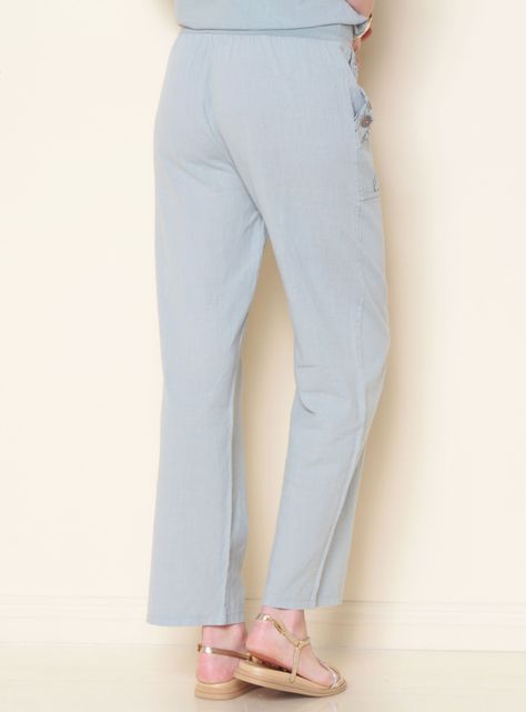 Pantalón Lino Sólido con Bolsillos Pretina con Elástico-1