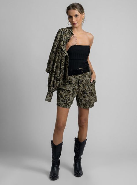 Short Aroa Lino Animal Print Verde-3