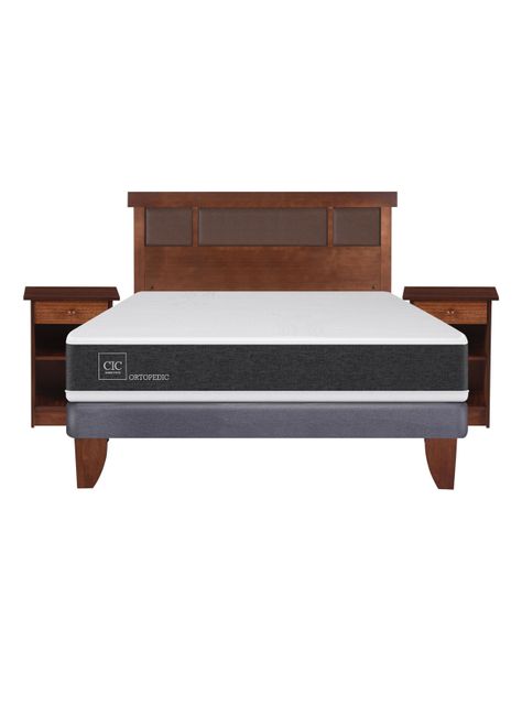 Cama Europea New Ortopedic 2 Plazas Base Normal + Set Muebles New Dublín Caramelo-1