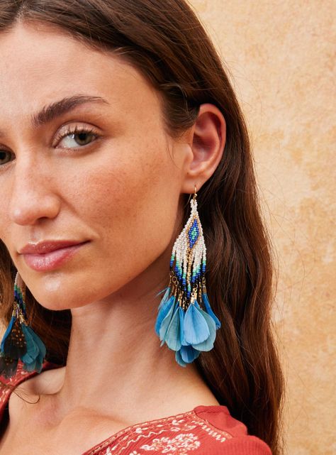 Aros Colgantes Mostacilla y Plumas Color-0