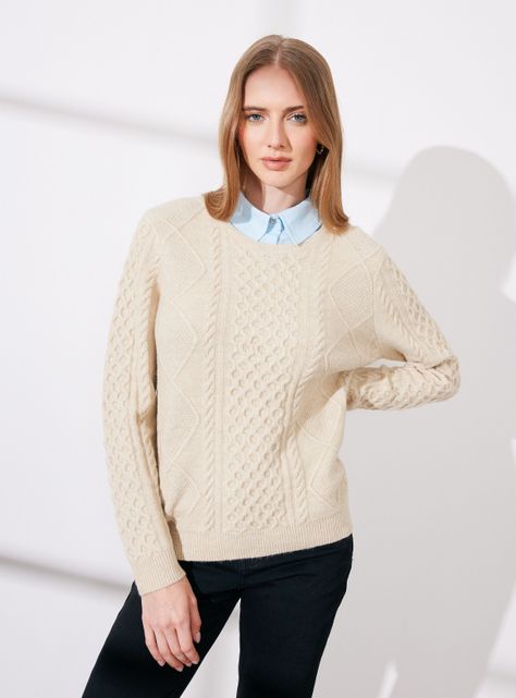 Sweater Trenzado con Cuello Camisero Sobrepuesto-0