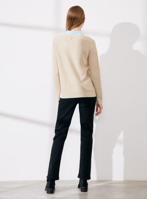 Sweater Trenzado con Cuello Camisero Sobrepuesto-5
