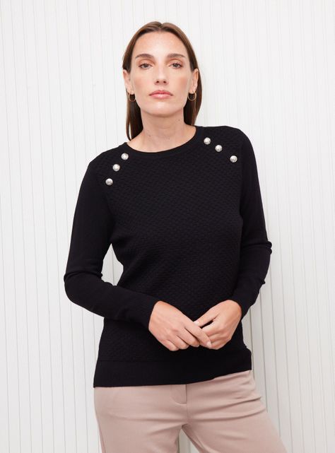Sweater Cuello Redondo Textura Frontal Botones Metálicos-0