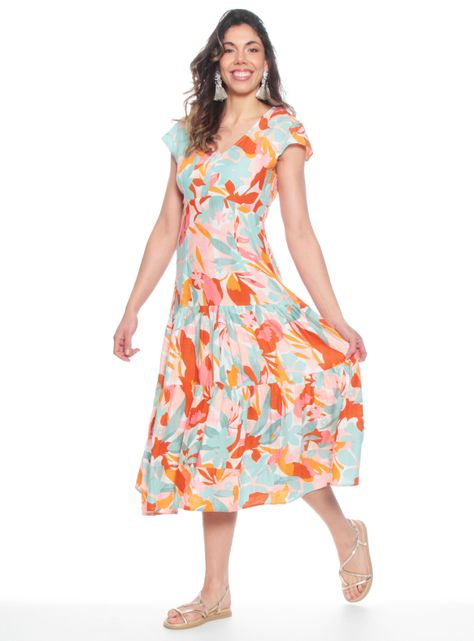 Vestido Largo Estampado Floral Manga Corta Escote V-3