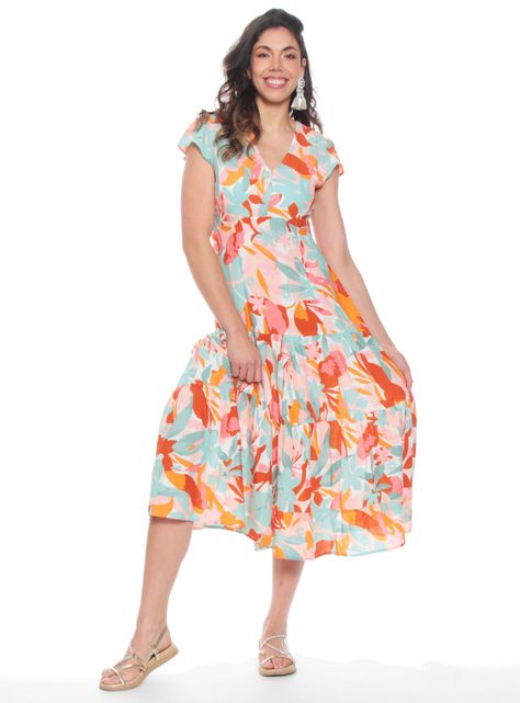 Vestido Largo Estampado Floral Manga Corta Escote V-0