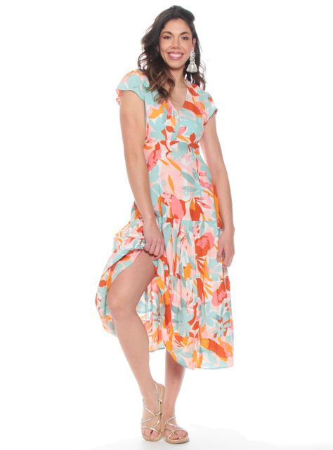 Vestido Largo Estampado Floral Manga Corta Escote V-2