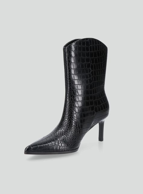 Botín Taco Fino Efecto Cuero Croco Mujer-2