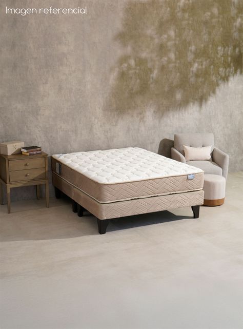 Cama Europea Bamboo 2 Plazas x190 cm Base Dividida + Respaldo Merci + Velador Malaga Nude-3
