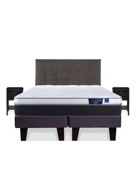 Cama Europea Nexus 2 Plazas Box Base Dividida + Respaldo Design Grafito + Velador Rover-2