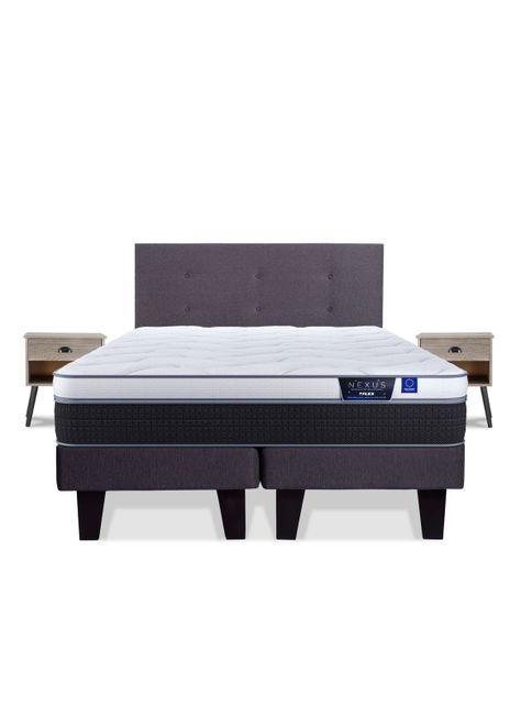 Cama Europea Nexus 2 Plazas Base Dividida + Respaldo Royal Grafito + Velador Rock-2