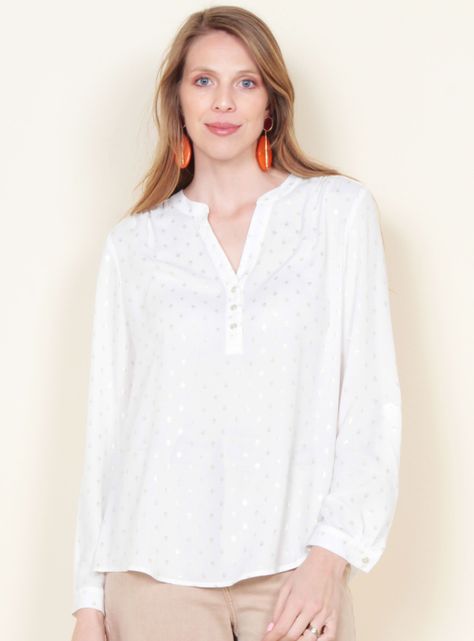 Blusa Manga Larga Escote V Sólida con Estampado-0