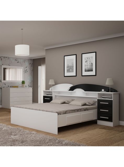 Cama Premium 2 Plazas + 2 Veladores Blanco/Negro-2