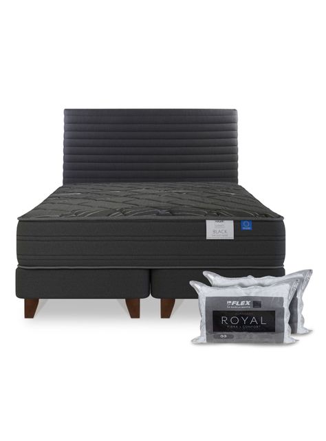 Cama Europea Black 2 Plazas Base Dividida + Respaldo Modern + 2 Almohadas Royal-2