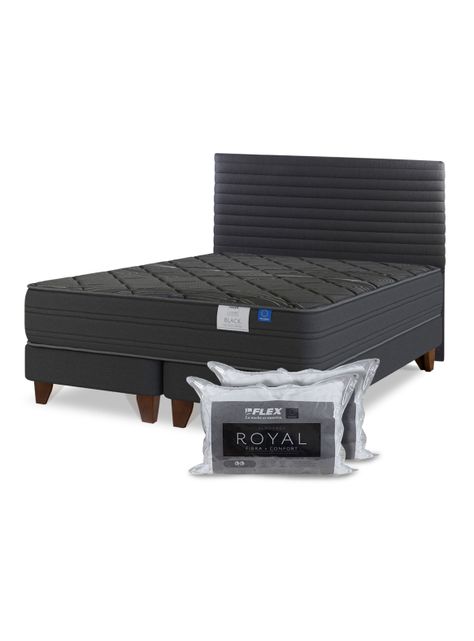 Cama Europea Black 2 Plazas Base Dividida + Respaldo Modern + 2 Almohadas Royal-0