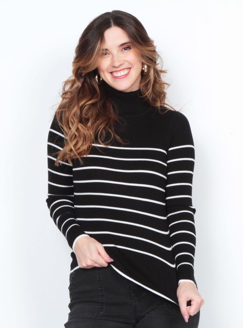 Sweater Manga Larga Listada con Cuello Alto-0