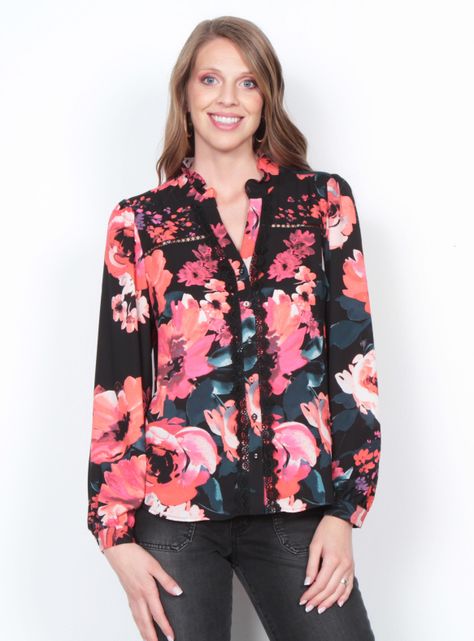 Blusa Manga Larga Estampada Abotonada-0