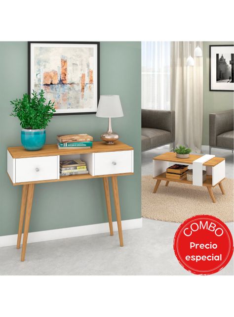 Combo Arrimo y Mesa de Centro Blanco Nogal-4