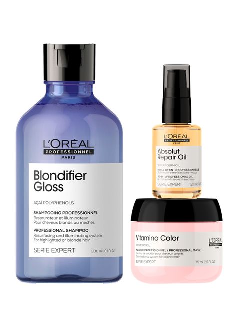 Set Cuidado del Color Cabello Rubio Blondifier Shampoo 300ml + Máscara Vitamino Color 75ml + Aceite 10 en 1 Absolut Repair 30ml Serie Expert-0