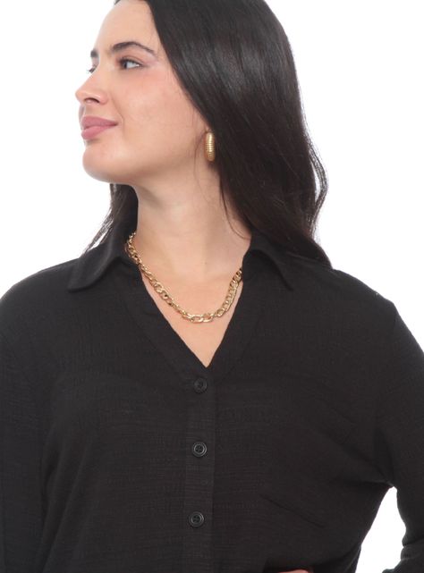 Blusa Manga 3/4 Ajustable Sólida Cuello Camisero-2