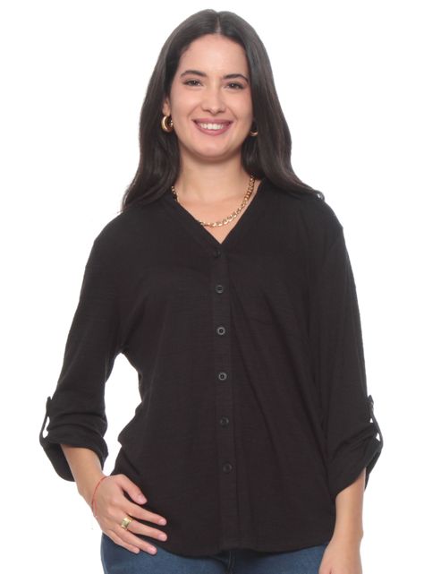 Blusa Manga 3/4 Ajustable Sólida Cuello Camisero-0