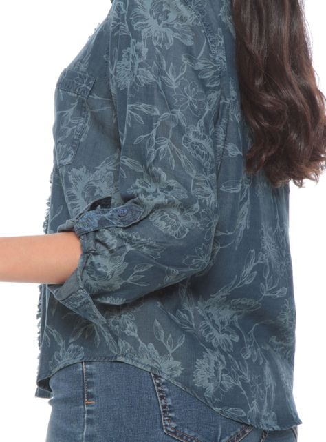 Blusa Manga Larga Denim Estampado Abotonada en Delantero-2