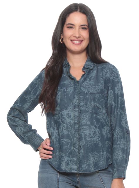 Blusa Manga Larga Denim Estampado Abotonada en Delantero-0