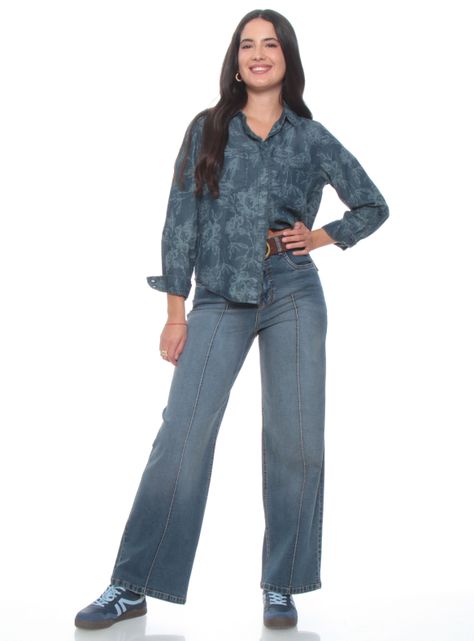 Blusa Manga Larga Denim Estampado Abotonada en Delantero-3