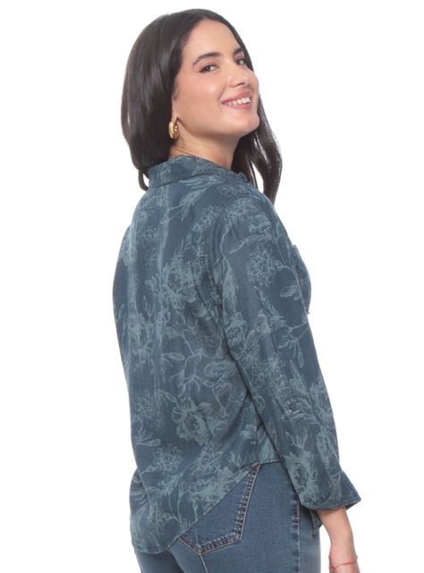 Blusa Manga Larga Denim Estampado Abotonada en Delantero-1