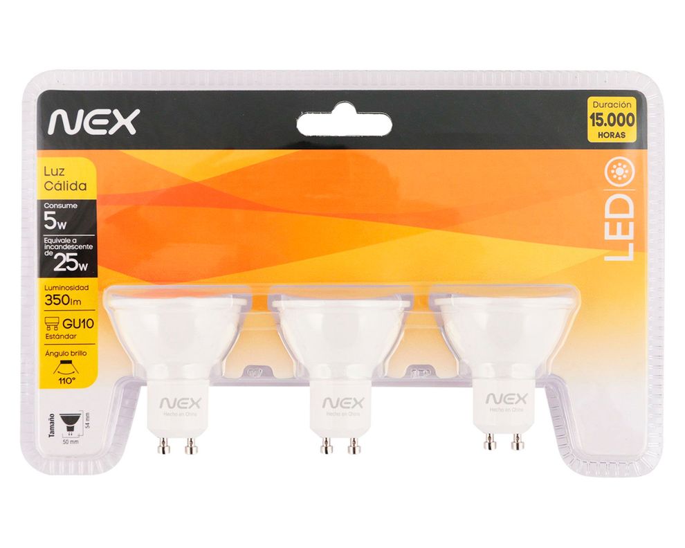 Ampolleta LED 5W GU10 luz cálida 3 unidades Nex