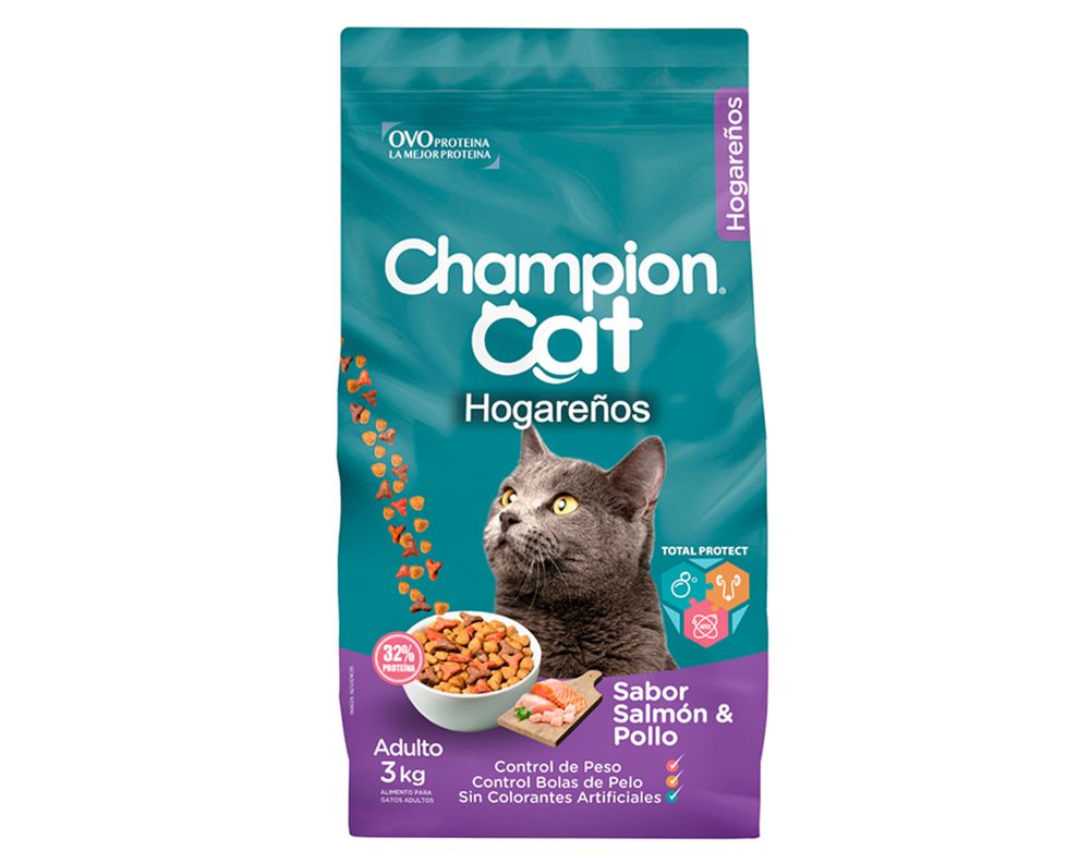 Alimento seco gatos 3 kg Hogarenos salmon y pollo Champion Cat.