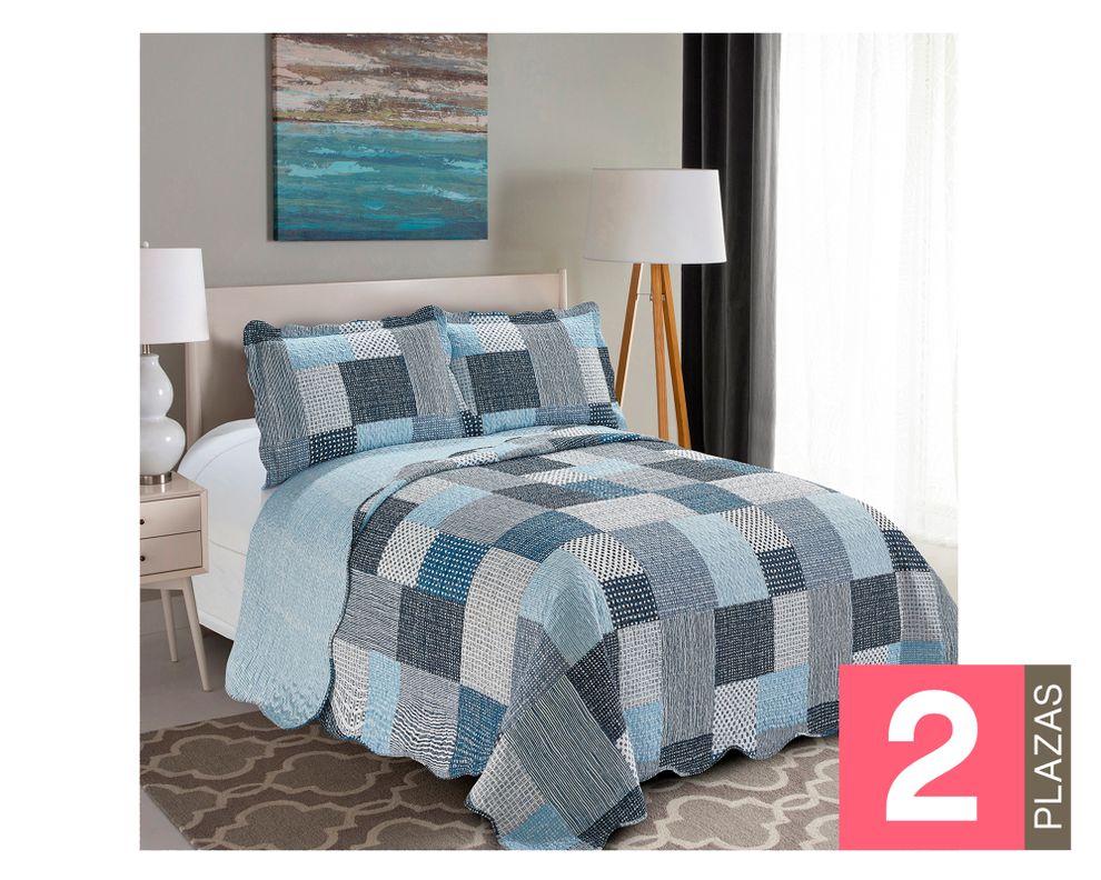 Quilt reversible 2 plazas Patchwork azul