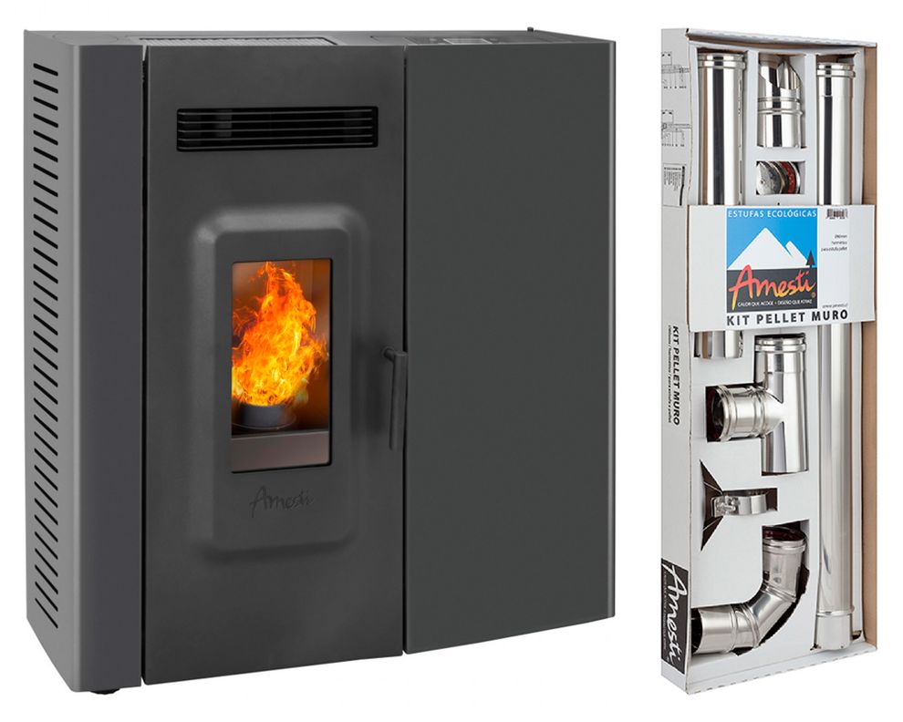 Estufa pellet Slim 9000 negro + kit instalación muro