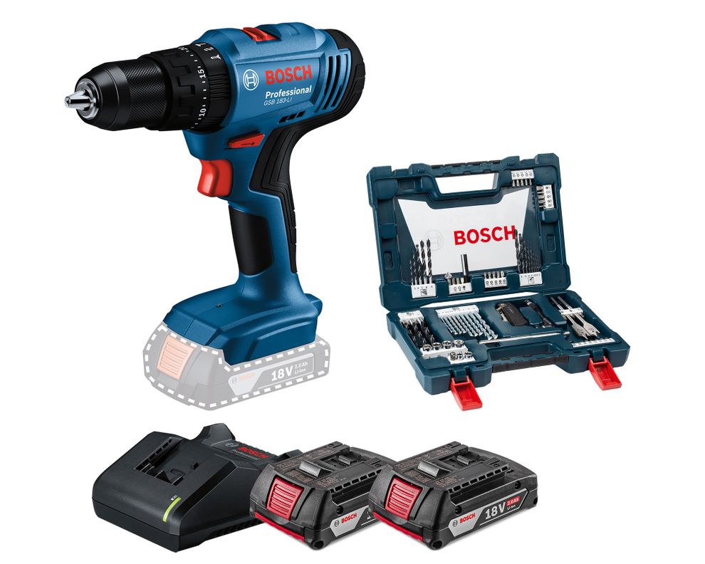 Taladro percutor inalámbrico GSB 183-LI 18V + 2 baterías 2.0 Ah + cargador + maletín X-Line