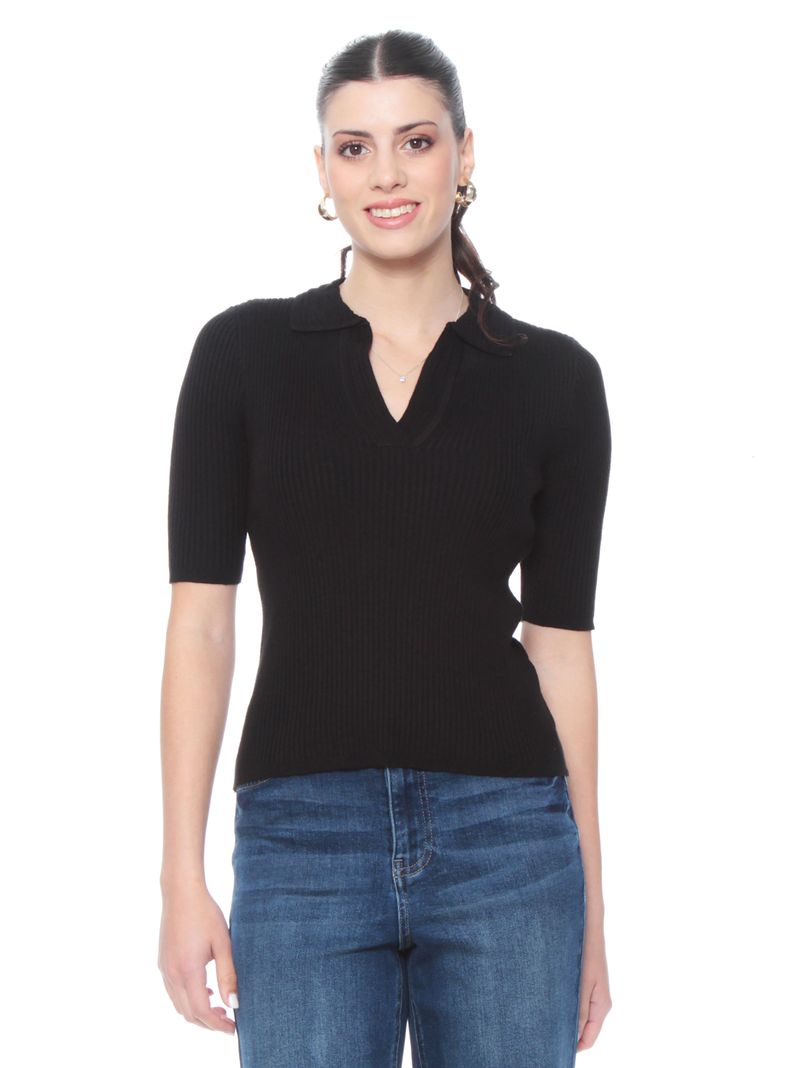 Sweater Manga Corta con Cuello y Escote V