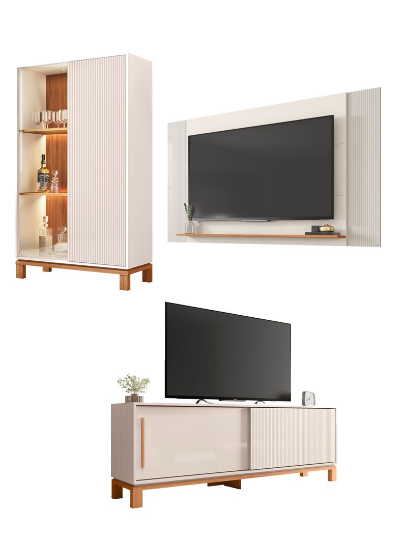 Panel TV + Rack 1.8m + Buffet + Vitrina Mondrian Off White Natural